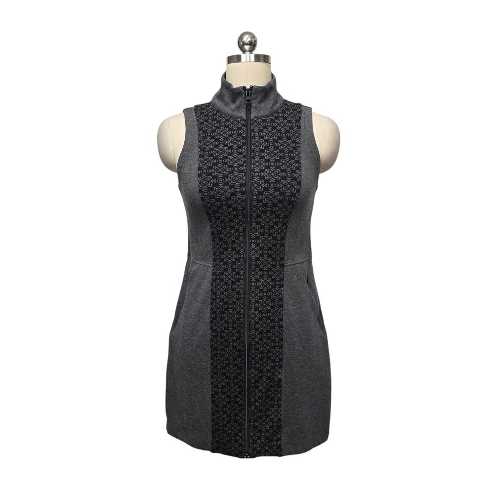Title Nine Womens XS Grey Geometric Full Zip Sleeveless Sweater Dress Mock Neck